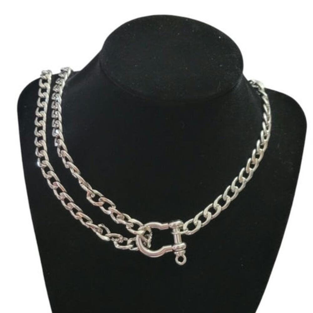 Silver tone asymmetrical layered cuban chain shackle necklace